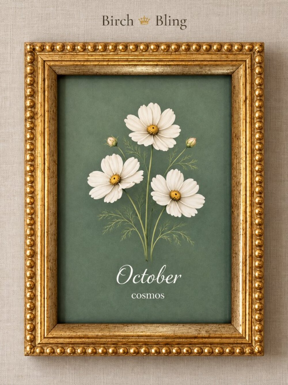 NEW Gold Frame Wall Art Print 5x7" October Cosmos Birth Flower Print Birch&Bling